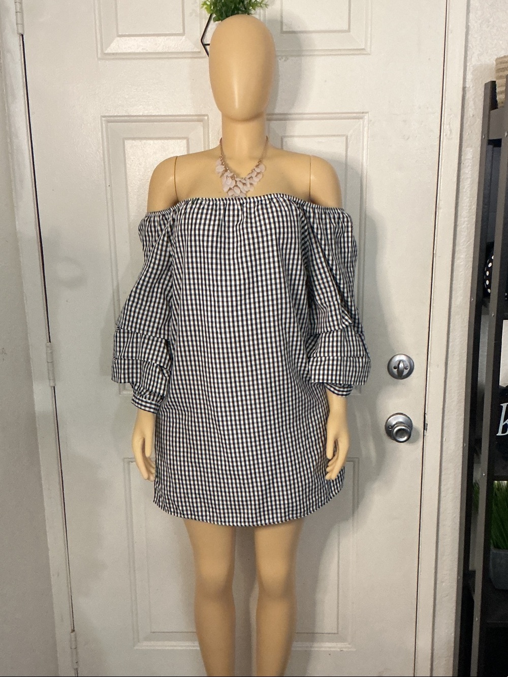 Off-Shoulder Black and White Gingham Dress